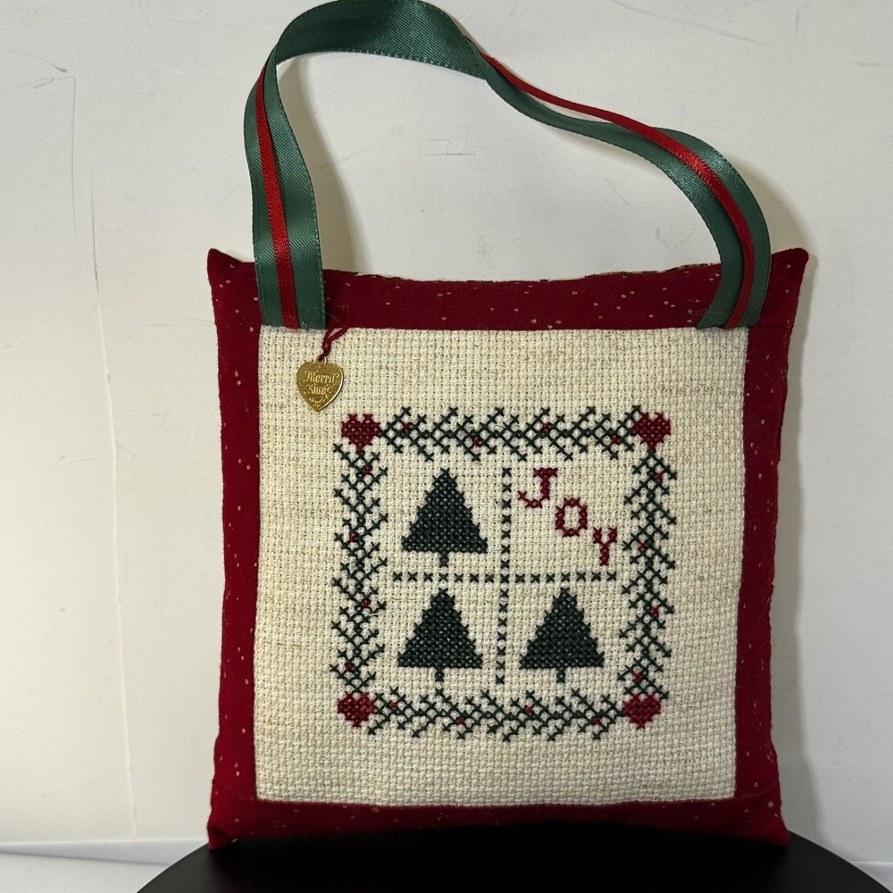 Vintage Needlepoint Cross Stitch Christmas Joy Doorknob Pillow with Handle Strap